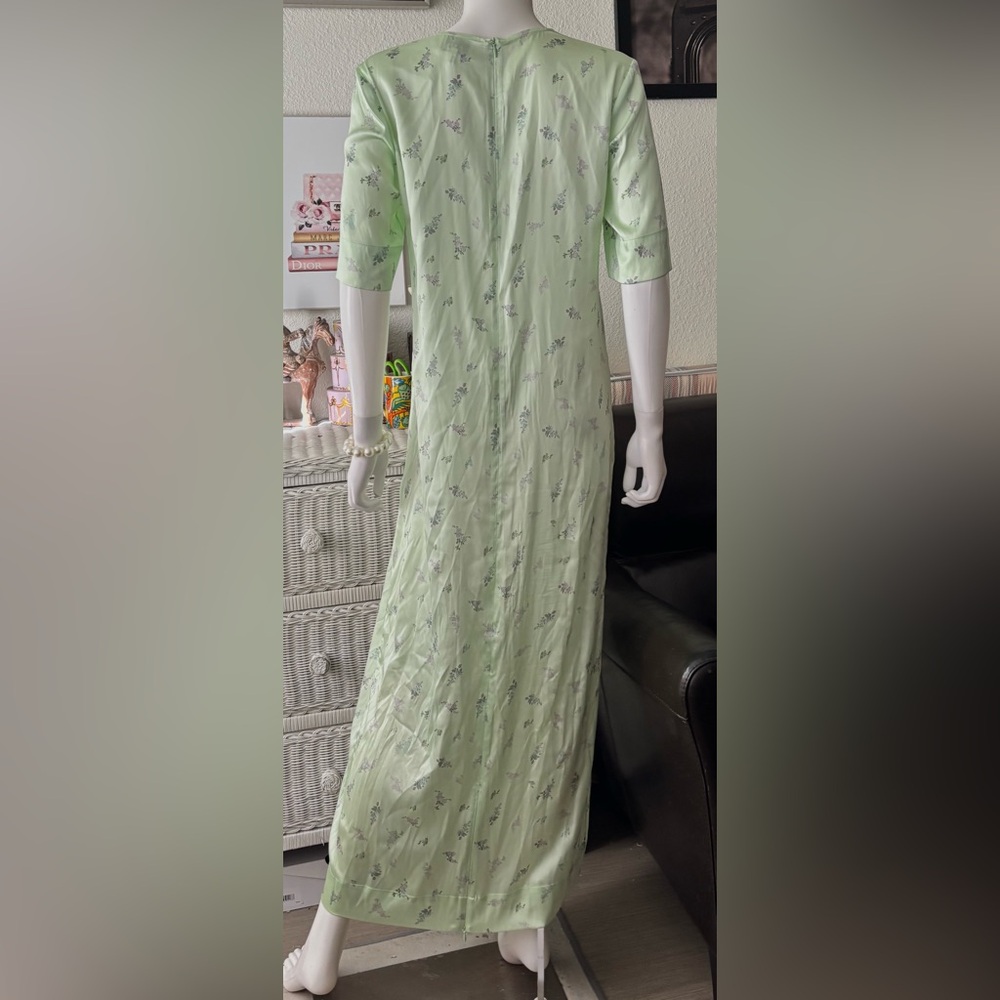 GANNI Mint Green Silk Floral Maxi T Shirt Dress Adjustable Leg Slit Zipper Sz. 6 - Picture 6 of 12
